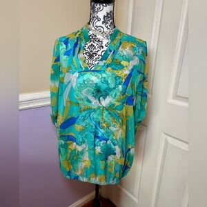 Worthington- woman’s Floral V-Neck, sheer Blouse - Blue and Yellow, Large